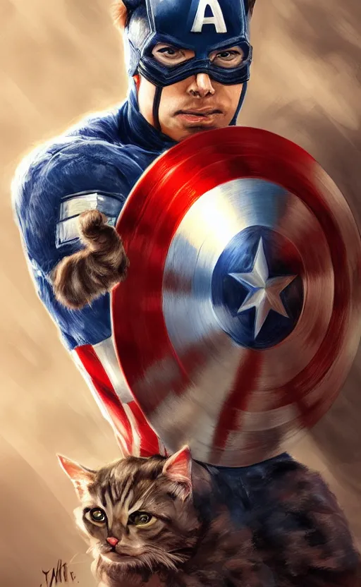 Image similar to cat as captain america, dynamic lighting, cinematic, ultra detailed, trending on art station, stunning visuals, creative, fantasy concept art