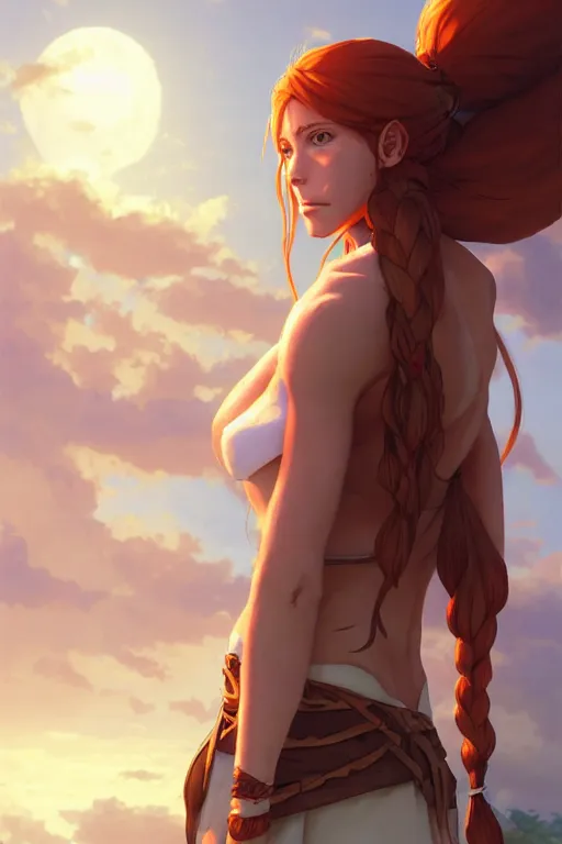 Image similar to long ginger hair, tanned woman in a prehistoric outfit, by artgerm, hair tied in a ponytail, white backdrop, soft lighting, cold colors, by greg rutkowski makoto shinkai takashi takeuchi