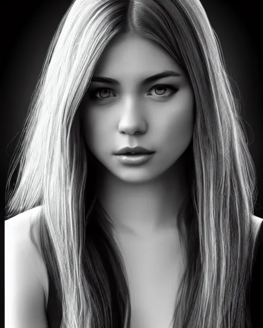 Image similar to full body portrait of a beautiful young woman in black and white, photorealistic, hair down to waist, sharp focus, in the style of Kevin Kostic, Stephen Lau and artgerm, hyper sharp focus, 8k highly detailed