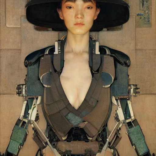 Image similar to masterpiece full body portrait cyborg woman in Tokyo, by Edgar Maxence and Ross Tran and Michael Whelan and Gustav Klimpt