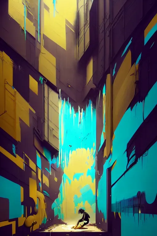 Image similar to matte painting extreme offset 3 d calligraphy graffiti mural dripping paint wall extreme maximalism by atey ghailan, by greg rutkowski, by greg tocchini, by james gilliard, by joe fenton, yellow, brown, black and cyan color scheme, octane render