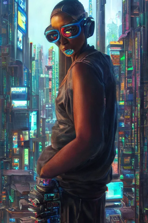 Image similar to realist portrait in a cyberpunk city by Jerad Marantz hyperrealistic oil painting, 4k, studio lightning