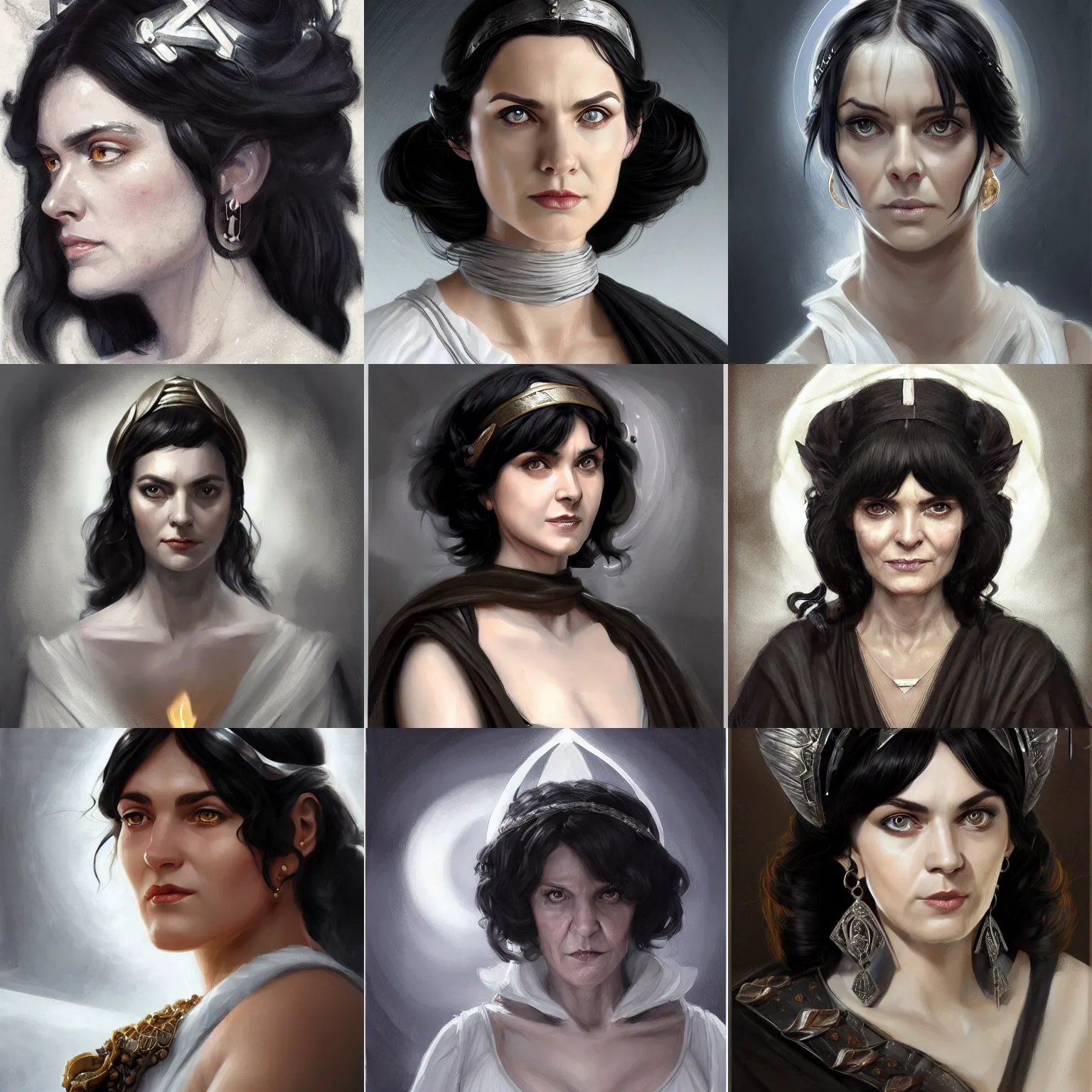 Prompt: hestia, helen mcrory, elderly greek hearth goddess, black hair, white tunic, d & d, fantasy, portrait, highly detailed, headshot, digital painting, trending on artstation, concept art, sharp focus, illustration, art by artgerm and greg rutkowski and magali villeneuve