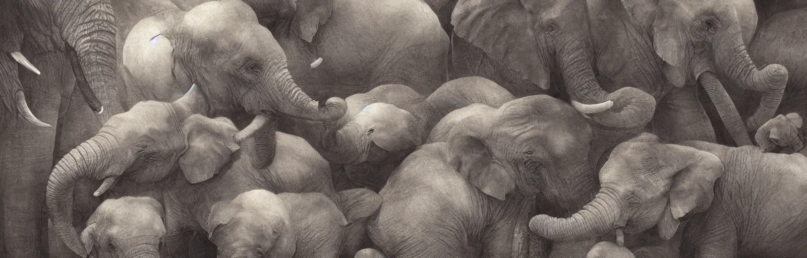 Image similar to two adult elephants and a baby elephants sleeping soundly under a starry sky, savannah, illustration, detailed, smooth, soft, warm, by Adolf Lachman, Shaun Tan, Surrealism