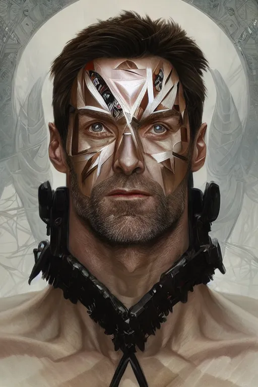 Image similar to symmetry!! portrait of hugh jackman in the boys in the style of god of war, machine parts embedded into face, intricate, elegant, highly detailed, digital painting, artstation, concept art, smooth, sharp focus, illustration, art by artgerm and greg rutkowski and alphonse mucha, 8 k