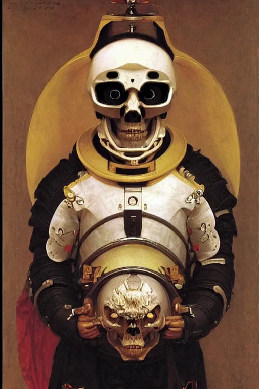 Image similar to portrait of a skull man astronaut with chinese dragon armor and helmet, majestic, solemn, by bouguereau