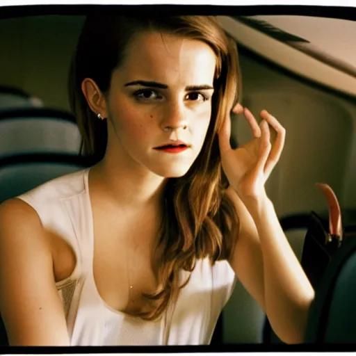 Image similar to emma watson, inside airplane, film still, fujifilm reala, low tonal contrast,