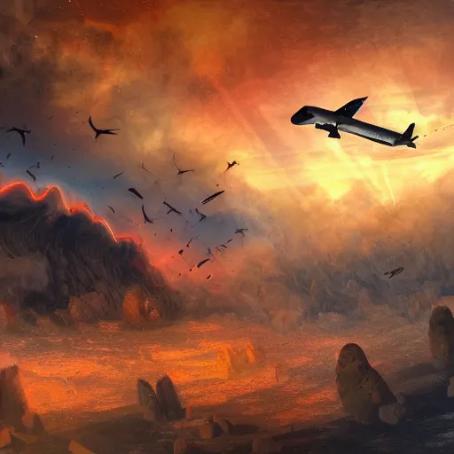 Image similar to plane crashing landscape, in hell, digital art, trending on artstation