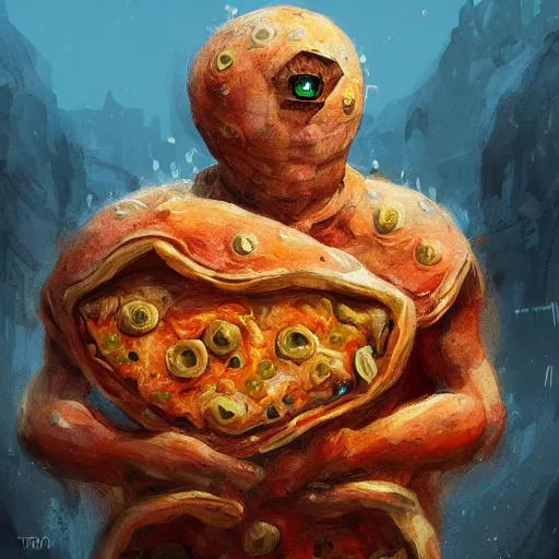 Image similar to ultra realistic illustration of golem made of pizza, intricate, fantasy italy, elegant, highly detailed, digital painting, artstation, concept art, smooth, sharp focus, illustration, art by tim mcburnie and conar cross and anato finnstark