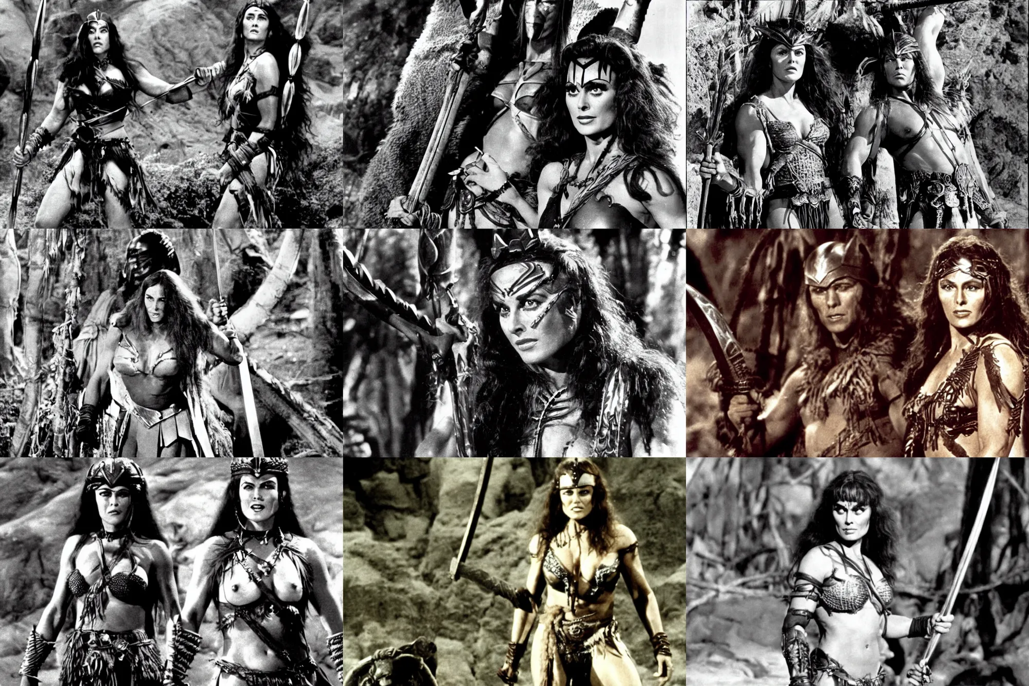 Prompt: Paulette Goddard as an Amazonian in Conan The Barbarian 1982 , film still