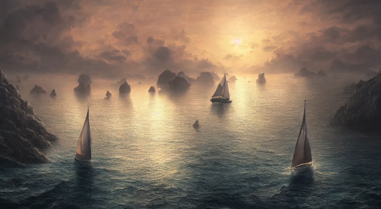 Prompt: hyper realistic detailed matte painting of sailing boat in the bay, calm foggy ocean, sunset lighting, hyperdetailed unreal engine 8 k ultra hd, stanley artgerm lau, rossdraws, james jean marc simonetti ruan jia and mandy jurgens and artgerm and william illustration, digital art, concept art