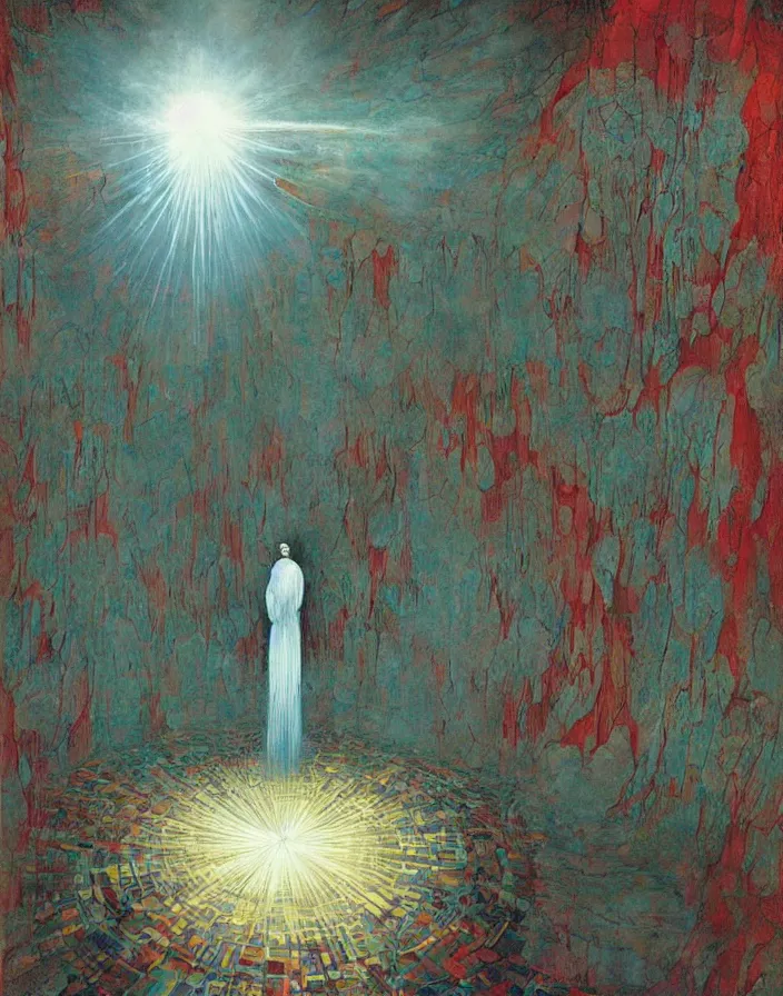 Image similar to worshippers in robes holding a very large crystal tesseract radiating white light, interior of a small room, glowing crystal tesseract!!!!!!!!!!!!!!!!!!, beksinski painting, part by adrian ghenie and gerhard richter. art by takato yamamoto. masterpiece, deep colours