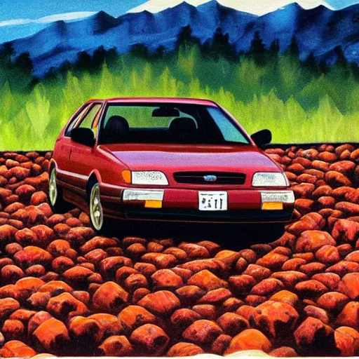 Image similar to maroon 1991 subaru legacy, driving on mountain of salmon skeletons, expressionist painting