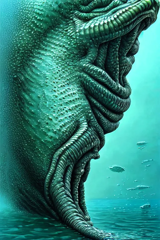 Image similar to hyperrealistic close-up surrealism underwater creature monster!! highly detailed concept art eric zener elson peter cinematic hard green lighting high angle hd 8k sharp shallow depth of field, inspired by David Paul Cronenberg and Zdzisław Beksiński