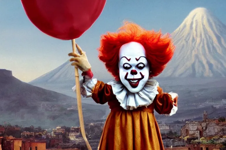 Image similar to pennywise as pulcinella!!! holding a pizza! with vesuvius in the background, glowing pools of lava, cloudy sky, an ultrafine detailed painting by joe fenton, full body, wide angle, post - apocalyptic feel, big depth of field, 3 d octane render, 4 k, perfect symmetrical face, masterpiece, hyperrealistic, trending on deviantart