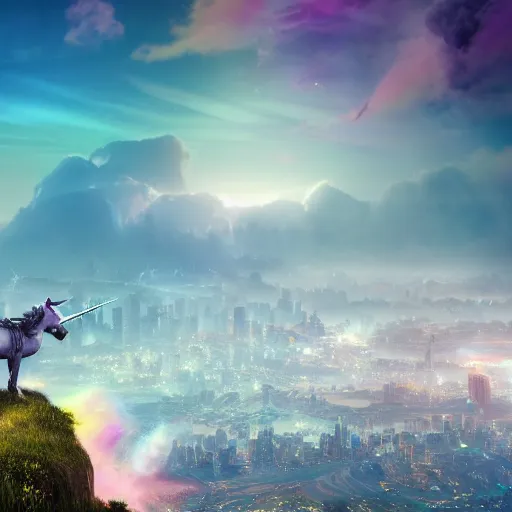 Image similar to a iridescent unicorn looking off a cliff overlooking a city covered in toxic smog, ultra realistic, concept art, intricate details, highly detailed, photorealistic, octane render, 8 k, fantasy art