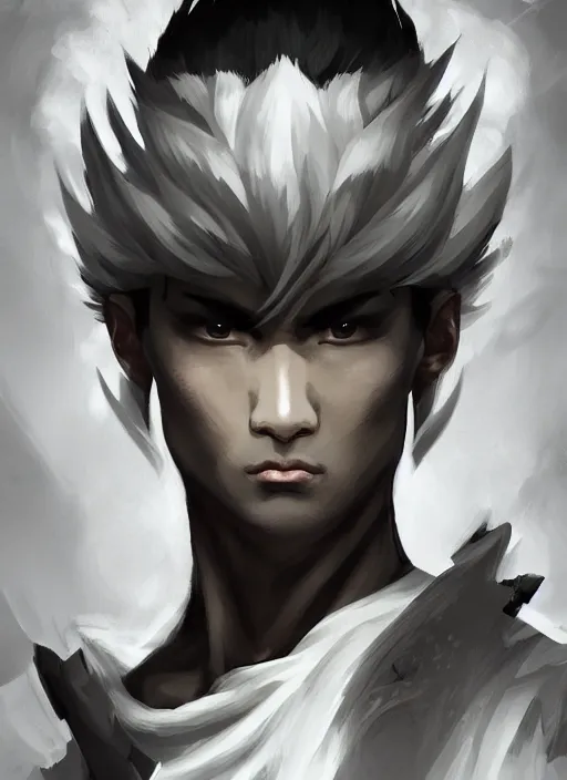 Prompt: a highly detailed illustration of fierce asian man with short white hair parted down middle, wearing white kimono with black shirt, with black sclera eyes, heroically battle posing, muscular, intricate, elegant, highly detailed, centered, digital painting, artstation, concept art, smooth, sharp focus, league of legends concept art, WLOP