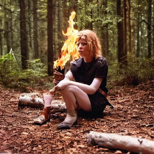 Image similar to candid photo of in the woods, sitting on the porcelain throne, playing with fire by Annie Leibowitz, photorealisitc, extremely detailed