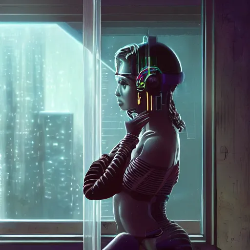 Image similar to portrait of cyberpunk woman looking out of a window, cyberpunk setting, futuristic, highly detailed, intricate lighting, digital painting, sharp focus, illustration, trending on artstation, art by tyler jacobson.