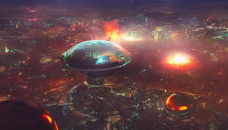 Image similar to humongous ufo upon las vegas destroying the city with alien laser, destruction, explosion, fire, smoke columns, ashes, hyperdetailed, artstation, cgsociety, 8 k