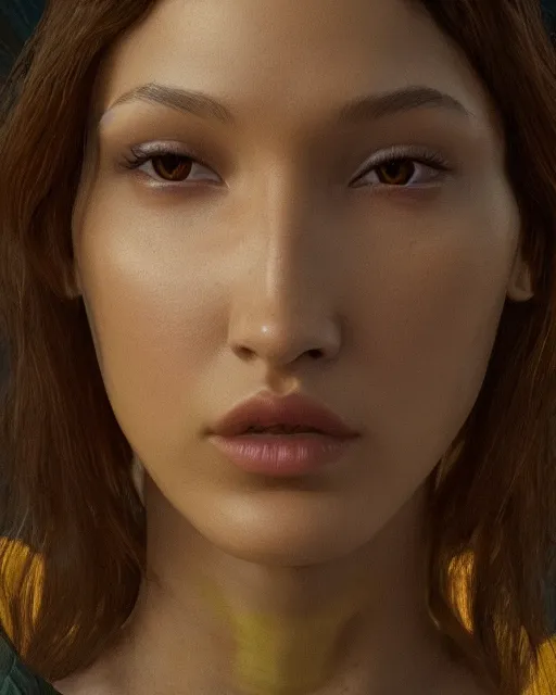 Prompt: a highly detailed metahuman 8 k close up render of bella hadid in vincent van gogh style trending on artstation made in unreal engine 4