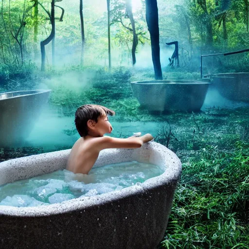 Image similar to pristine bath filled with bubbles in a clearfelled jungle, slash and burn