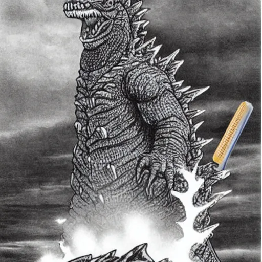 Image similar to godzilla in the bathroom brushing his teeth, electric toothbrush