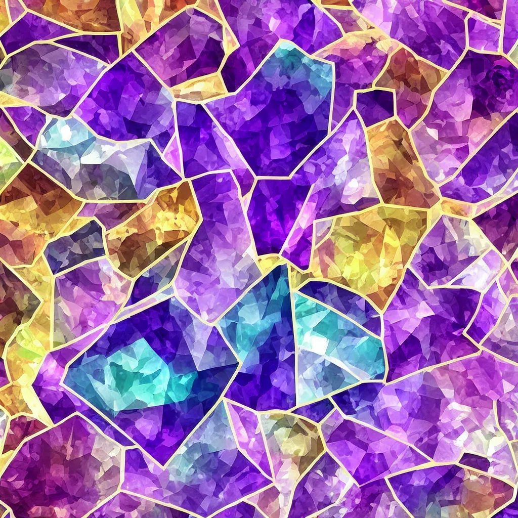 Image similar to amethyst geo gemstone prism multicolor gold liquid emeraud pearl quartz saphir grenat fluorite stylized digital illustration video game icon