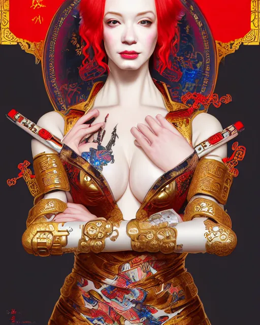 Image similar to portrait of christina hendricks cyberpunk machine, machine face, robed, upper half portrait, decorated with chinese opera motifs, regal, fine china, wuxia, traditional chinese art intricate intense elegant 京 剧 highly detailed digital painting artstation concept art smooth sharp focus illustration, art by artgerm and greg rutkowski alphonse mucha 8 k