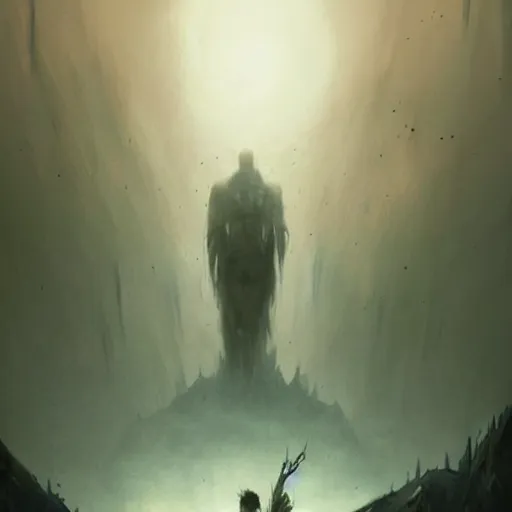 Image similar to a beautiful terrifying immense pale humanoid giant looms over a tiny human. ethereal horror fantasy art by greg rutkowski