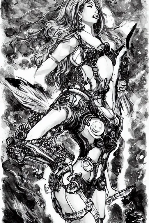 Image similar to full body illustration, mechanized latina female, cruel mermaid, highly detailed, sumi - e art, suiboku - ga ink, by kim jisu, pen and ink monochrome, mecha, deviantart, artstation, pinterest