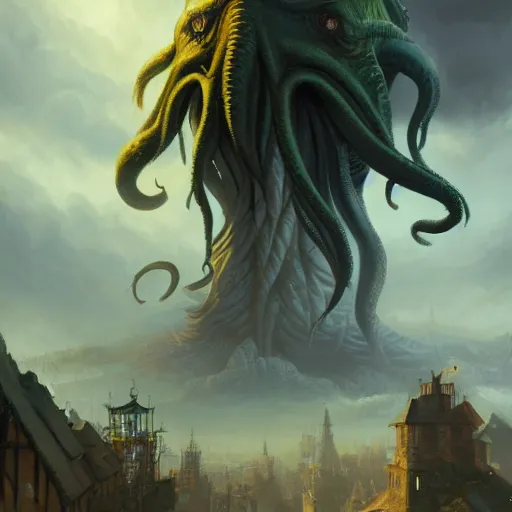 Image similar to gigantic cthulhu, small village for size comparison, dramatic light, painted by stanley lau, painted by greg rutkowski, painted by stanley artgerm, digital art, trending on artstation