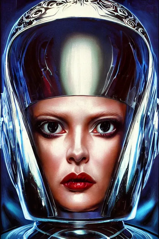 Prompt: retro-futuristic portrait of a beautiful female android in old scratchy chrome armour, wired head, blind eyes, white liquid dripping on it, ornate background, rim light, ornate pattern, glowing eyes, evil expression, high details, intricate details, renaissance painting by vincent di fate, artgerm julie bell beeple, 80s, Smooth gradients, High contrast, depth of field, very coherent symmetrical artwork