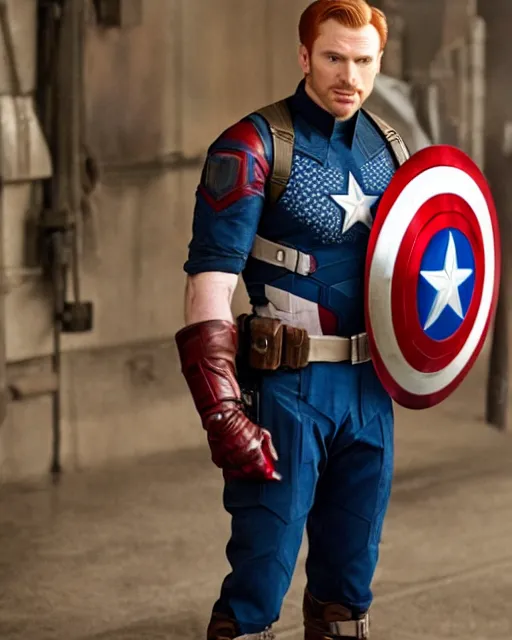 Prompt: film still close - up shot of ginger chris evans as captain america from the movie captain america : the first avenger. photographic, photography