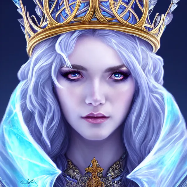 Image similar to beautiful cryromancer ice queen with ornate cloak and crown, highly detailed, 4 k, hdr, smooth, sharp focus, high resolution, award - winning photo, artgerm, photorealistic