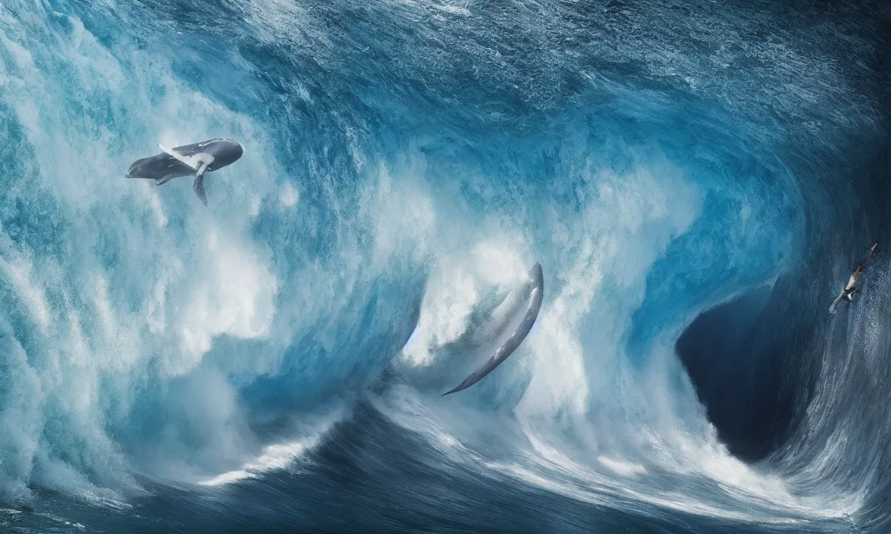 Image similar to giant mecha surfing a big wave over a whale, inside the tunnel, by Jessica Rossier, slow motion, refractions, summerpunk, nazare (portugal)