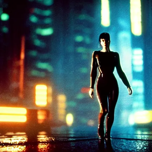 Prompt: jennifer connelly starring in a cyberpunk movie in a distopic futuristic city in the style of bladerunner, movie still, highly detailed, rainy night, volumetric lights, dramatic, scifi, sharp focus