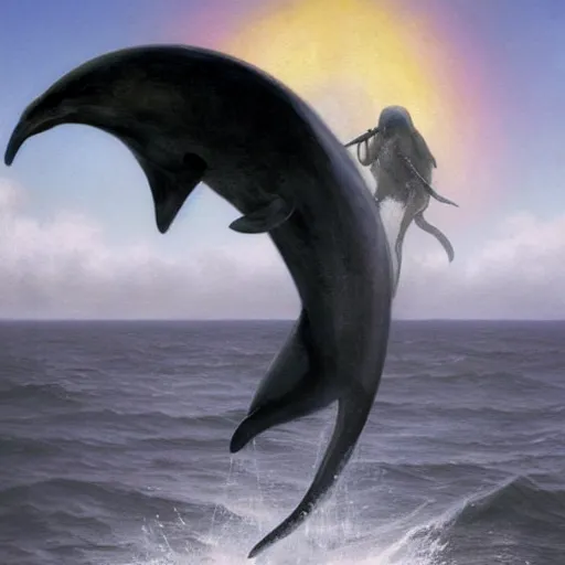 Image similar to a hyper realistic painting of the grim reaper riding a dolphin jumping over a rainbow, death, black cloak, by greg rutkowski and santiago caruso,