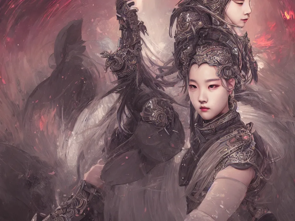 Prompt: portrait jisoo blackpink, grey hair armored samurai clothes, in fire japanese temple wet night, ssci - fi and fantasy, intricate and very very beautiful and elegant, highly detailed, digital painting, artstation, concept art, smooth and sharp focus, illustration, art by tian zi and wlop and alphonse mucha