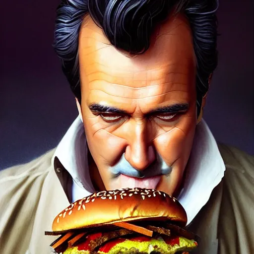 Prompt: portrait of bruce campbell eating hamburgers, extra onions and ketchup, luscious patty with sesame seeds, ethereal, handsome, d & d, fantasy, intricate, elegant, highly detailed, digital painting, artstation, concept art, matte, sharp focus, illustration, art by artgerm and greg rutkowski and alphonse mucha