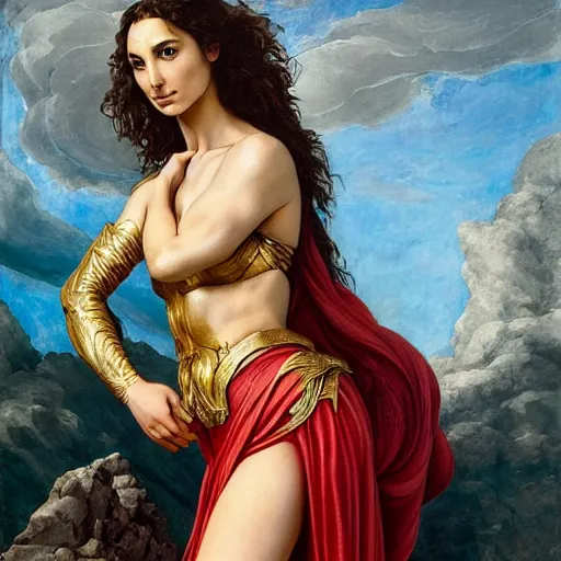 Image similar to Full body oil painting of the beautiful woman Gal Gadot, she is wearing some withe ancient roman cloths and a surreal ornate, her hair is natural disheveled, she is approaching heaven, naturalism, dramatic lighting, high-detailed oil painting by Ilya Repin, Michelangelo da Caravaggio, William Blake, Alex Grey and Beksinski, trending on Artsatio, hystorical painting, masterpiece, 4k, 8k,