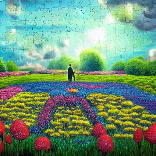 Prompt: a doorway floating in mid air at a field of flowers. puzzle pieces rain from the sky, gothic art, featured in artstation.