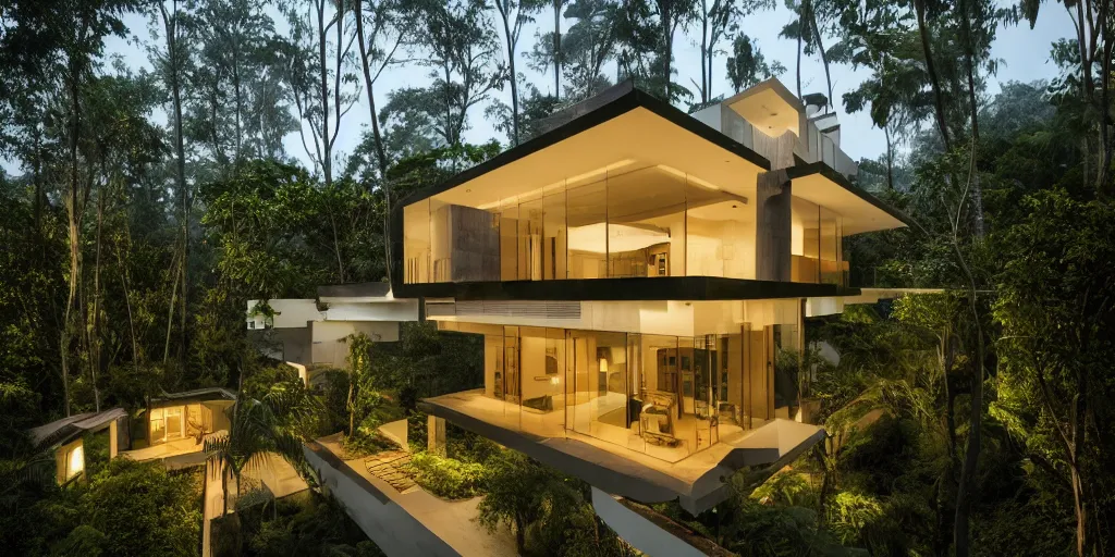 Image similar to Architectural photography of beautiful nature meets architecture concept of a residential house by Bawa, in a tropical forest, volumetric lighting,, luxury, high detail, 14mm, cinematic photography, archdaily, high resolution