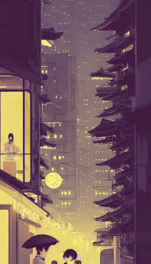 Prompt: hyper - realistic portrait of tokyo balcony at night, lots of signs and plants, in style of atey ghailan, by greg rutkowski, by greg tocchini, by james gilleard, by joe fenton, by kaethe butcher, dynamic lighting, gradient light yellow, brown, blonde cream and white color scheme, grunge aesthetic
