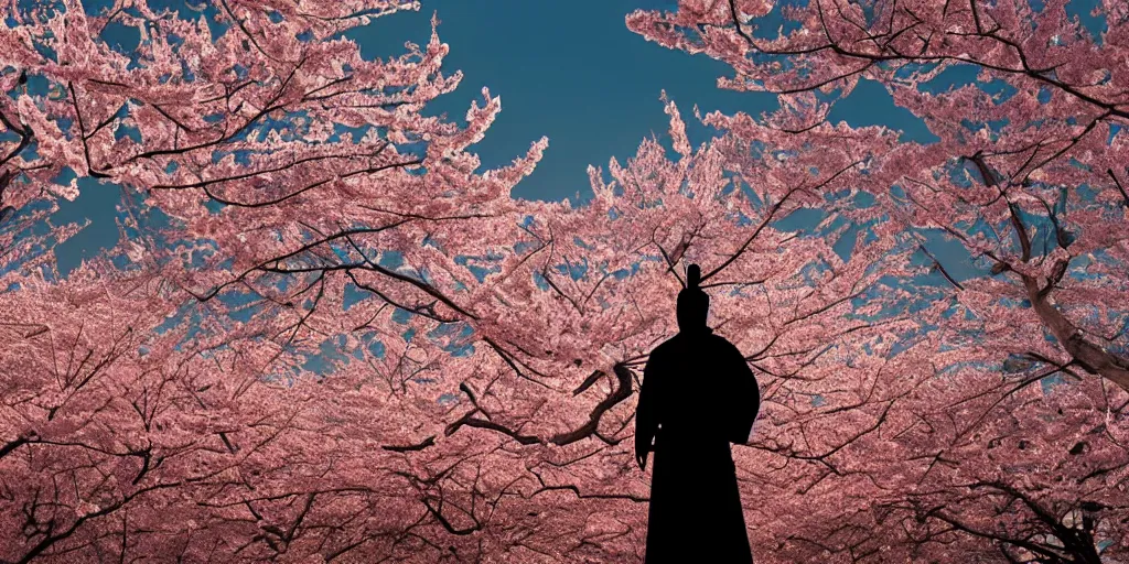 Prompt: A silhouette of a samurai holding a dadao sword, standing on a Hill with a single cherry blossom tree, cinematic shot, digital art, japanese Fields, japanese architecture faraway, wide shot, dramatic, peaceful, wide shot