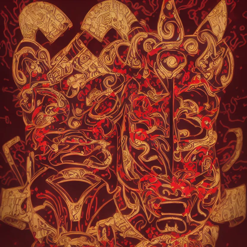 Prompt: a painting of a symmetrical centered traditional oni mask in traditional Japanese style, kintsugi, ornate, details, smooth, sharp focus, illustration, realistic, cinematic, artstation, award winning, rgb , unreal engine, octane render, cinematic light, macro, gold, depth of field, blur, red cloud light, 8K,