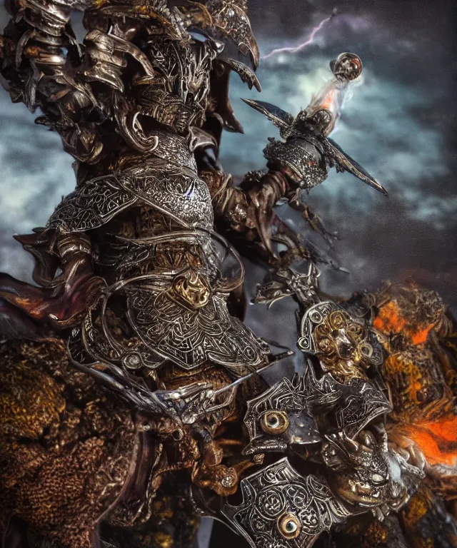 Image similar to hyperrealistic rendering, epic dark souls boss, ornate supreme demon overlord, jewel crown, war armor battle, by art of skinner and richard corben, product photography, collectible action figure, sofubi, hottoys, storm clouds, outside, lightning