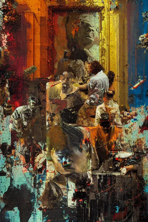 Image similar to a beautiful glitched painting by robert proch of people in front of a painting in a museum gallery, metal rust and plaster materials, pixel sorting, color bleeding, brushstrokes by jeremy mann, still life, dark colors