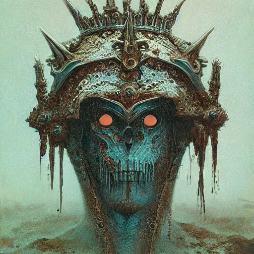 Image similar to ice lord, full body, wearing icy ornamented armor, wearing ice royal crown war helm, beksinski