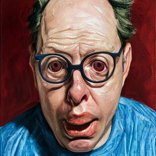 Image similar to high quality high detail painting of todd solondz portrait, sad, showing strong repulsion, pain, no fun ; full of sorrow, by lucian freud and francis bacon, hd, photorealistic lighting